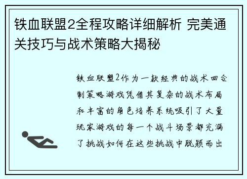 铁血联盟2全程攻略详细解析 完美通关技巧与战术策略大揭秘